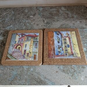 LISBOA ANTIGA Art Tiles Trivet Hanging Wall Lot of 2 Portugal Cork Backing